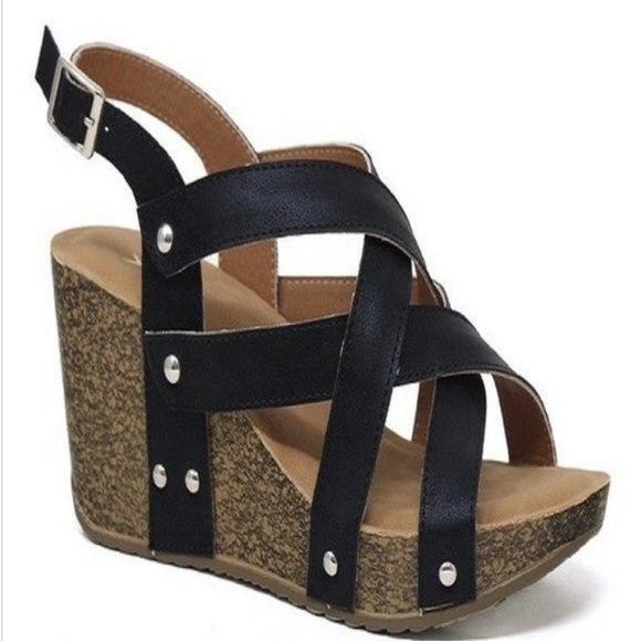 Black Strappy Cork Wedge Platform Sandals - Picture 2 of 2